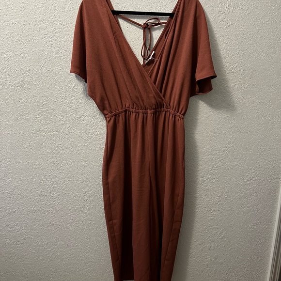 june & hudson Pants - June & Hudson Womens Jumpsuit Brown Tie Back Surplice Neck Elastic Waist